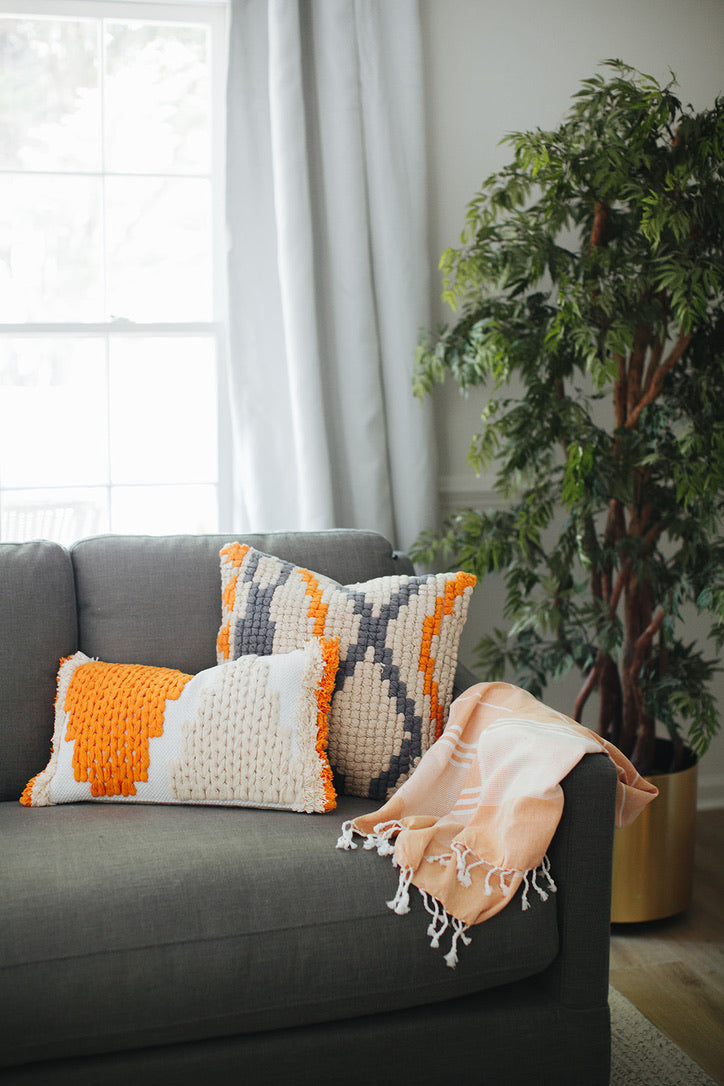 White, Cream + Orange Embroidered Pillow Cover