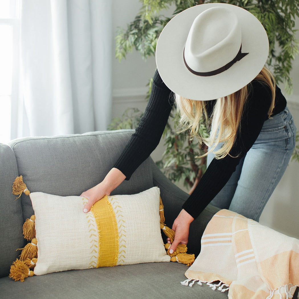 Cream Pillow Cover with Yellow Tassel Detail