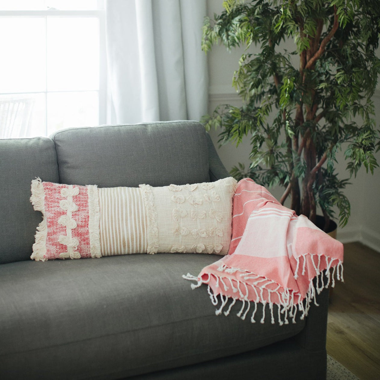 Red + Cream Striped Pillow Cover