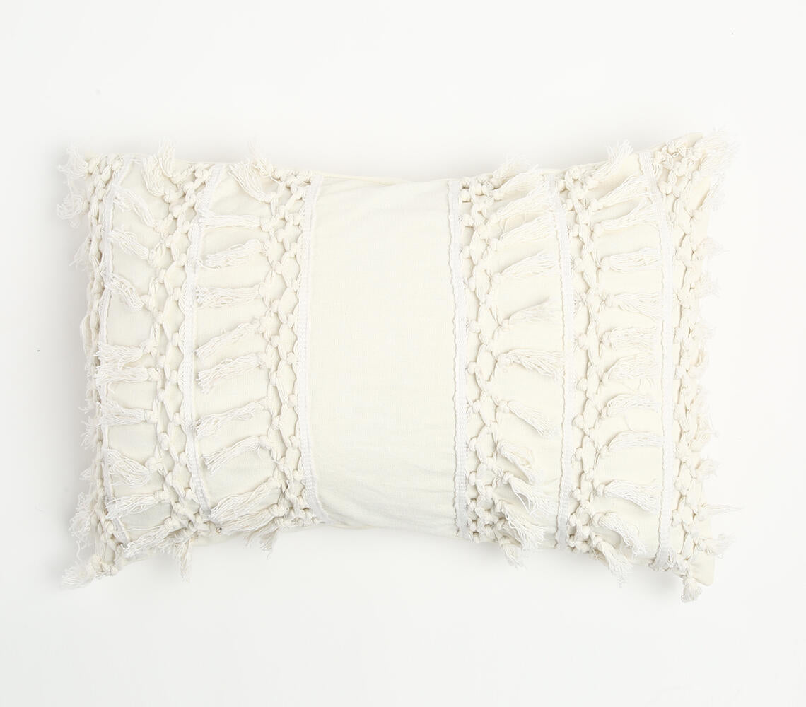 White + Cream Tasseled Pillow Cover