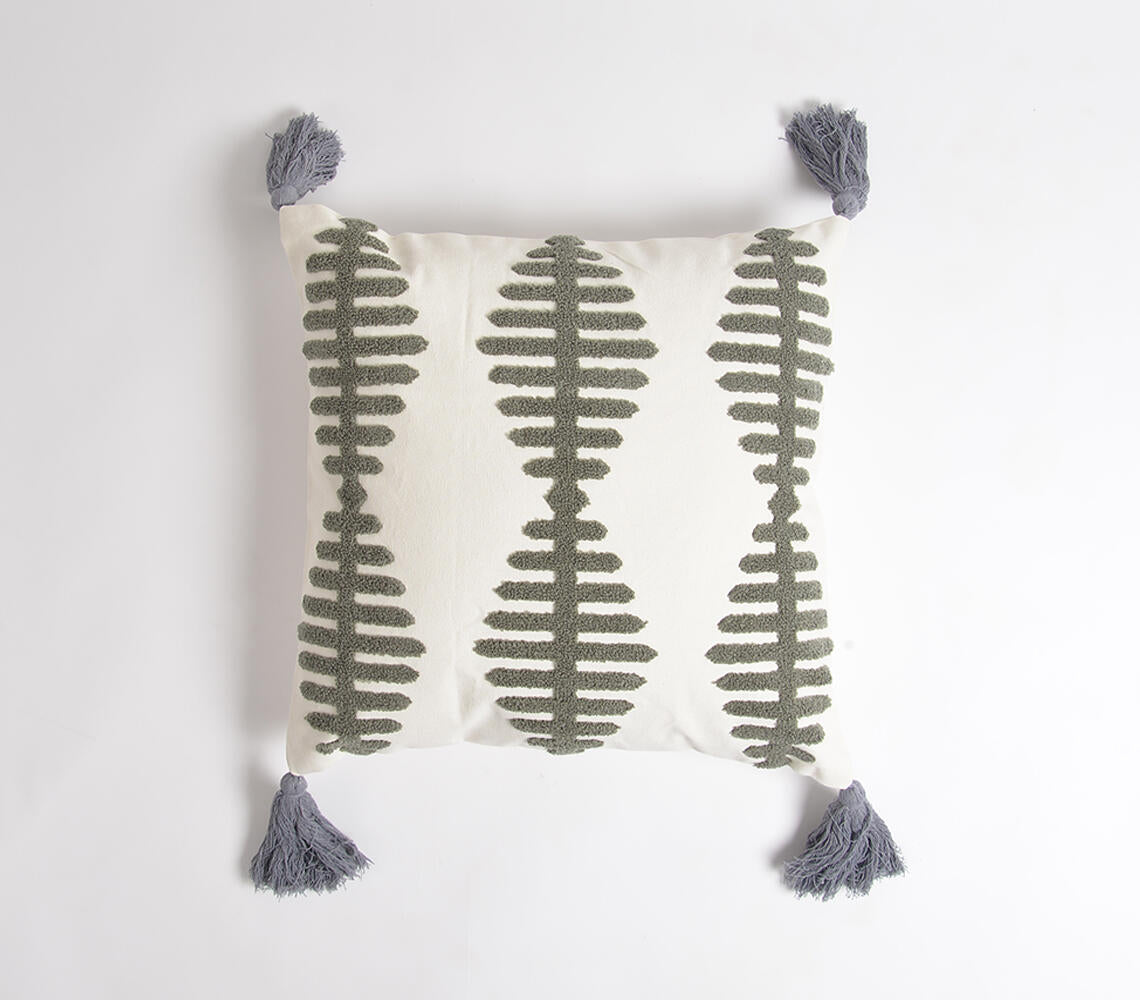 Embroidered Olive + White Tasseled Cotton Pillow Cover