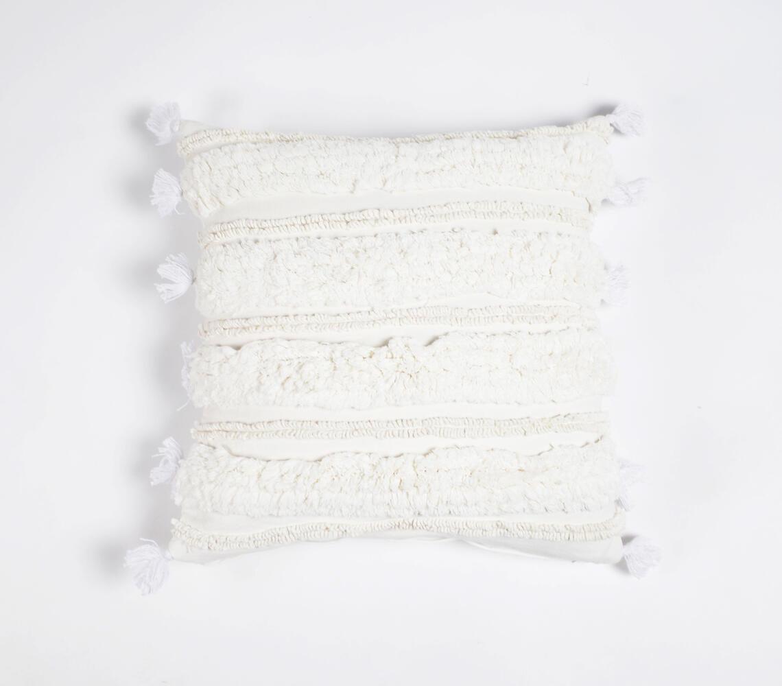 Hand-Tufted White + Cream Pillow Cover with Tassels