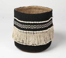 Load image into Gallery viewer, Tasseled Black + Cream Storage Basket
