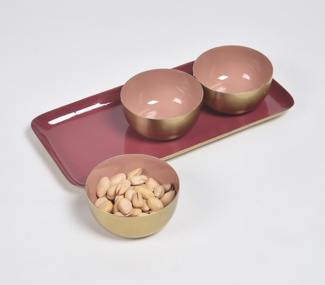 Enamelled Pink Iron Tray with 3 Bowls